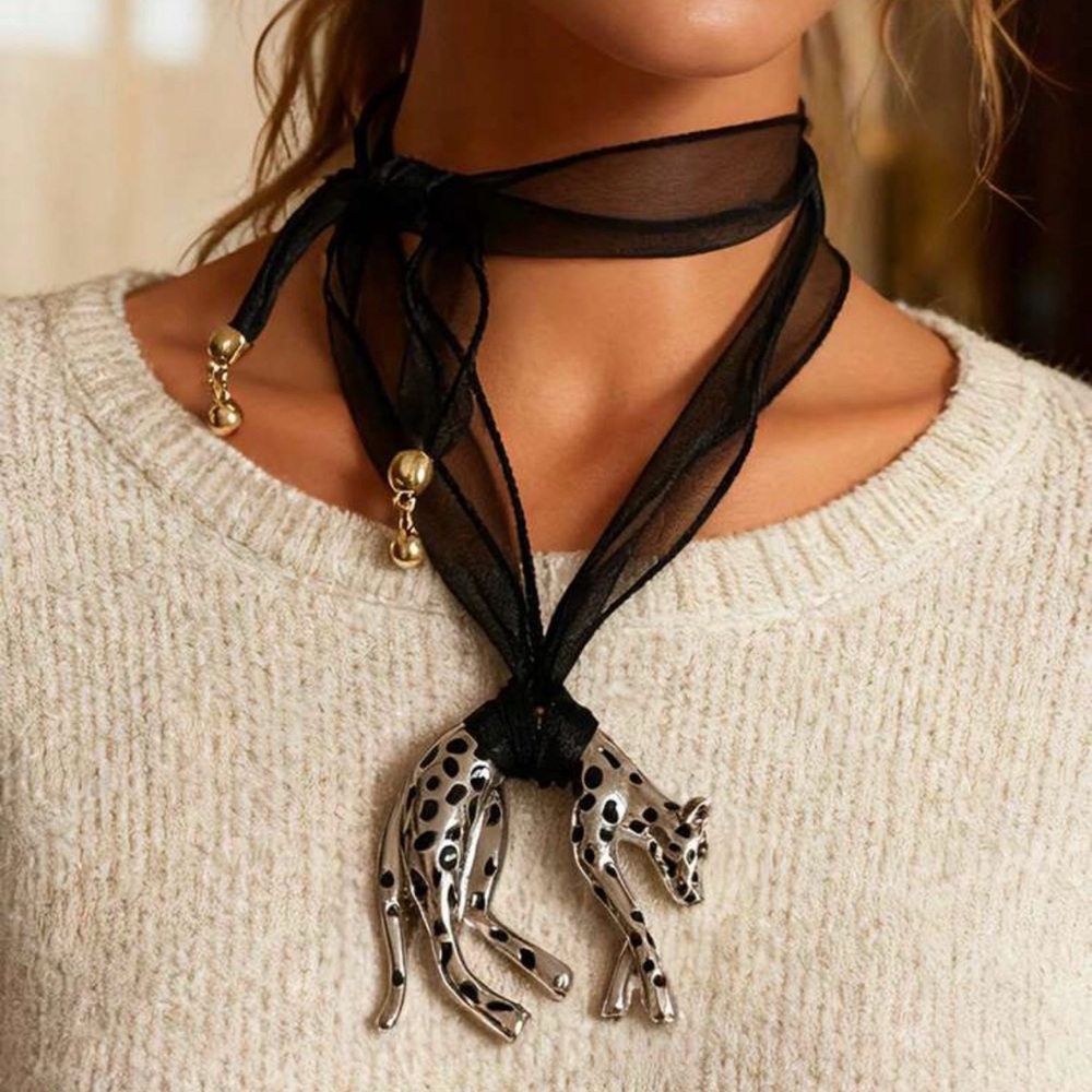 Silver Cheetah Leopard Ribbon Tie Choker Necklace Bohemian Zara Adjustable NEW